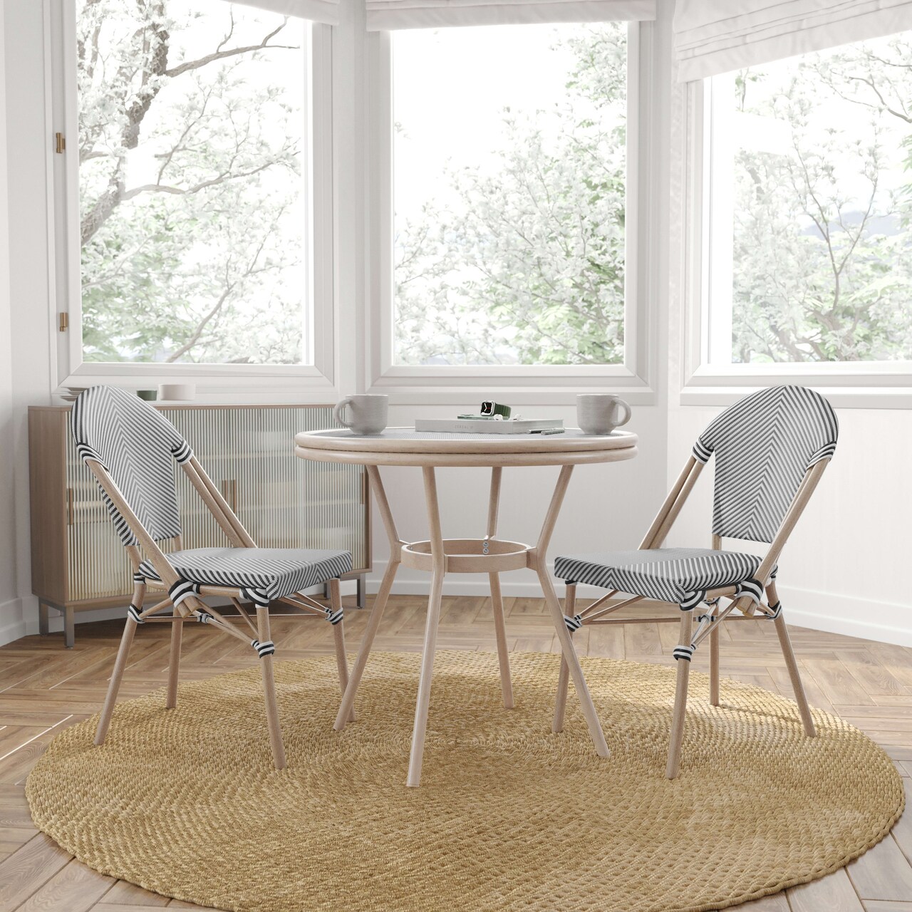 Merrick Lane Celia Bistro Style Table with Glass Top, PE Rattan, 4 Stack Chairs, and Bamboo Finished Metal Frame for Indoor/Outdoor Use